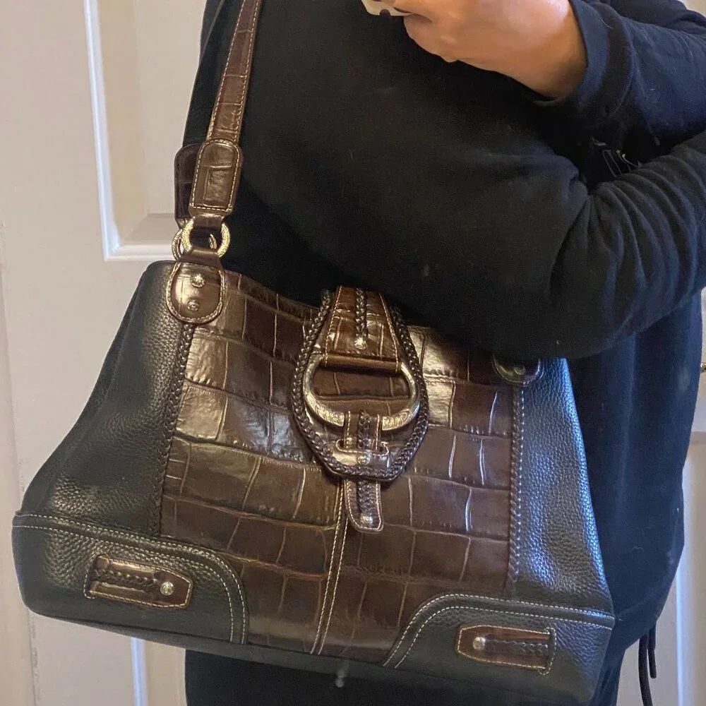 Brighton Croc Embossed Leather Tote Brown & Black Braided Detail - Picture 9 of 16